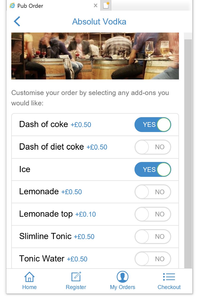 vodka-with-add-ons pub order - add ons for vodka